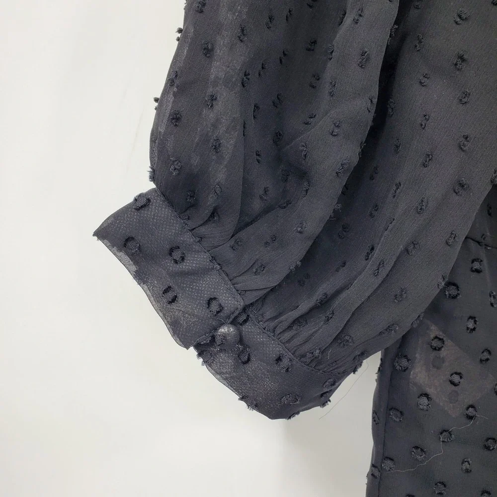 Free People Black Sheer Clip Dot Button Front Smocked Back Blouse Med Coquette